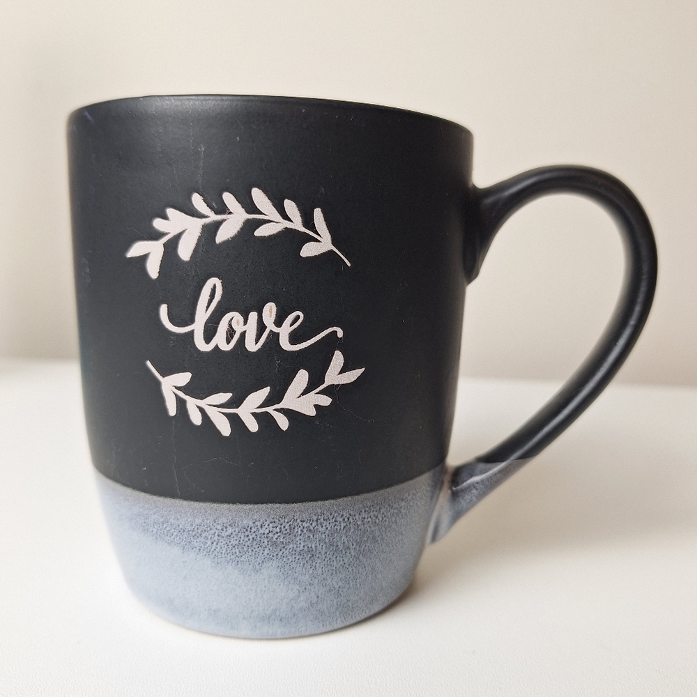 Matte Black Love Coffee Mug With Speckled Glaze Bottom 4.25" Tall